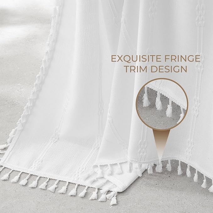 downluxe Linen Texture 3 in 1 Farmhouse Shower Curtain Set with Tassel, Boho Fabric Shower Curtains for Bathroom, White, 72W x 84L