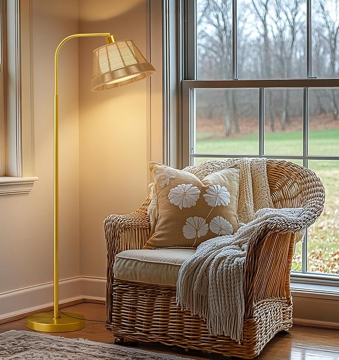 Oneach Arc Floor Lamp for Living Room,Rattan Boho Floor Lamp with Hand-Woven Wicker Shade, Gold Metal Base & Pole,Foot Switch,Farmhouse Standing Lamps for Bedroom Corner,Reading