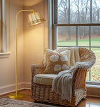Oneach Arc Floor Lamp for Living Room,Rattan Boho Floor Lamp with Hand-Woven Wicker Shade, Gold Metal Base & Pole,Foot Switch,Farmhouse Standing Lamps for Bedroom Corner,Reading