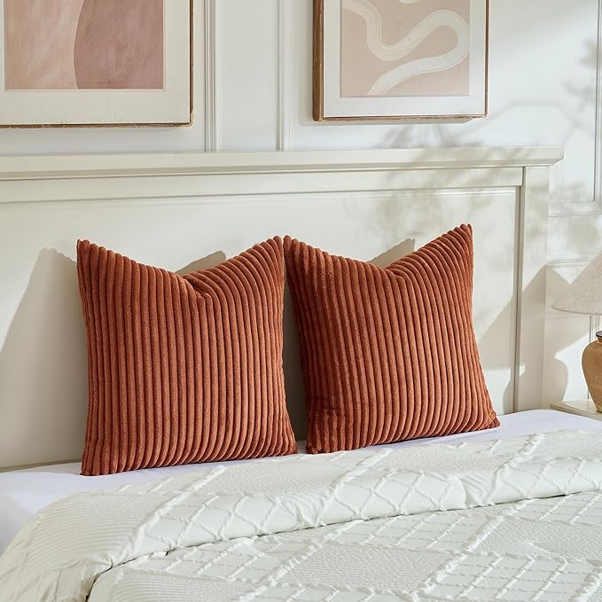 Fancy Homi Set of 2 Rust Boho Decorative Throw Pillow Covers 24x24 Inch for Couch Bed Sofa, Aesthetic Modern Organic Room Decor, Soft Fuzzy Striped Corduroy Cute Terracotta Textured Cushion Case 60cm