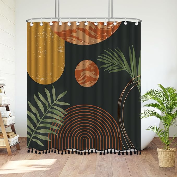 Boho Mid Century Leaf Shower Curtain Set,Arch Sun Design,Minimalistic Leaves Pattern,Waterproof and Luxurious Fabric-12 Hooks(Coffee Brown-72" x 72")