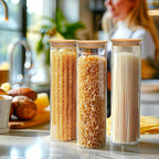 ComSaf Glass Spaghetti Pasta Storage Container for Kitchen Pantry with Lids 41oz Set of 3, Tall Clear Airtight Food Storage Jar with Sealing Wood Cover for Coffee, Sugar, Noodles, Linguini, Lasagna