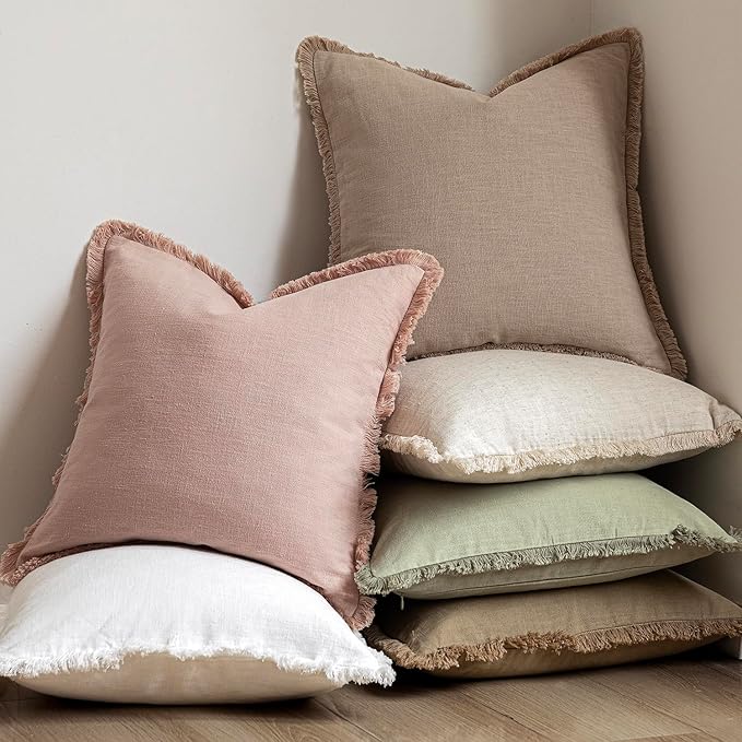Foindtower Set of 2 Decorative Linen Fringe Throw Pillow Covers Boho Farmhouse Cushion Cover with Tassels Soft Accent Pillowcase for Couch Sofa Bed Living Room Home Decor,18×18 Inch,Light Sage Green