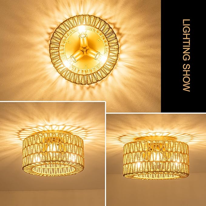 MAYNA 3-Light Boho Light Fixtures Ceiling Mount, Hand-Woven Chandelier Light Fixture,Farmhouse Rattan Flush Mount Fixture for Hallway Bedroom Kitchen Living Room Entryway