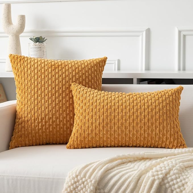 Kevin Textile Throw Pillow Covers Soft Corduroy Decorative Set of 2 Boho Striped Pillow Covers Pillowcases Farmhouse Home Decor for Couch Bed Sofa Living Room 12x20 Inch Golden Yellow