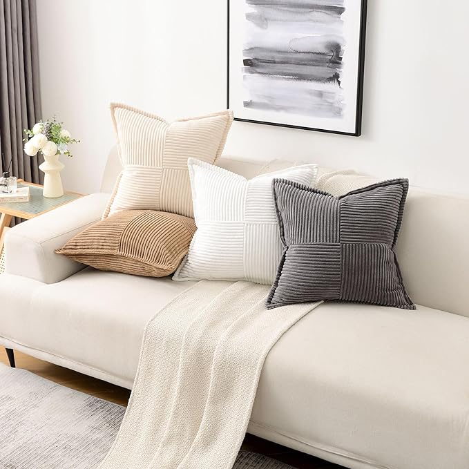 HAUSSY Turquoise Throw Pillow Covers 12x12 Inch Set of 2,Soft Solid Corduroy Striped/Wide Bordered,Square Decorative Cushion Case,Spring Home Decorations for Couch,Bed