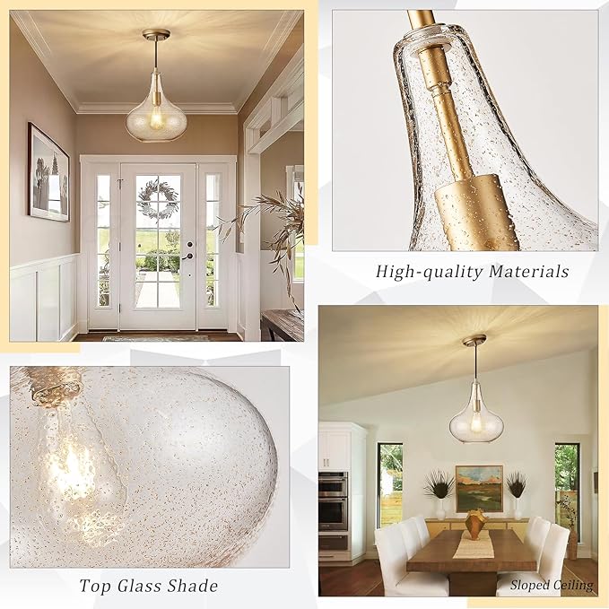 Handcrafted 11-Inch Mid-Century Modern Brass Gold Pendant Light with Seeded Glass Shade - Elegant Dining Room Pendant Light