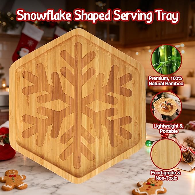 WILLKOMMEN Christmas Serving Tray, Bamboo Snowflake Shaped Serving Platter, Charcuterie Board Serving Dishes 10" x 9" for Party Cookie Fruit Tray Cheese Board Plate