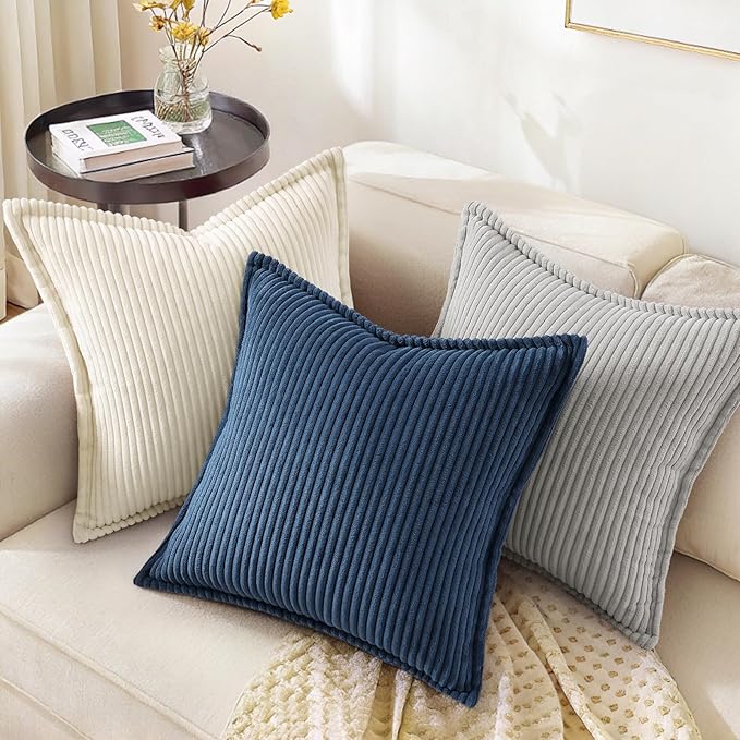 decorUhome Corduroy Grey Throw Pillow Covers 16x16 Set of 2 Decorative Soft Boho Farmhouse Euro Couch Pillow Covers for Living Room Bed Sofa Broadside Striped Pillow Cases