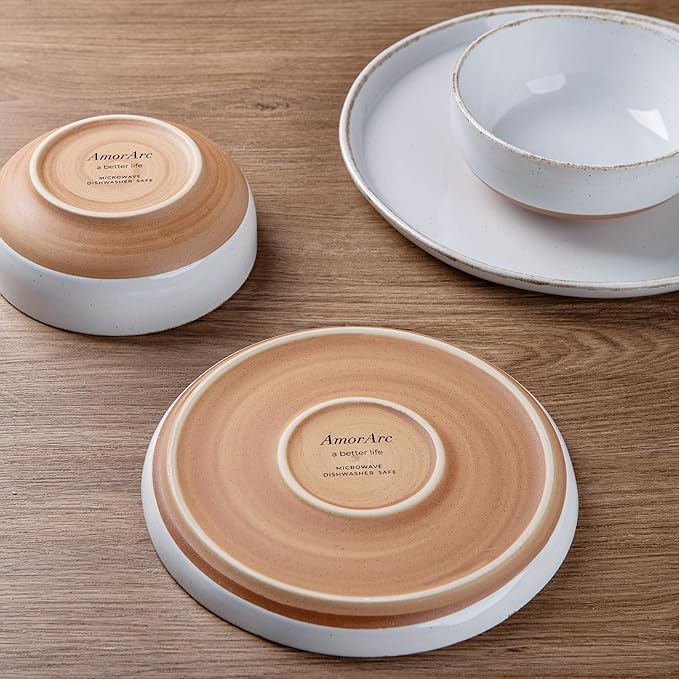 AmorArc Ceramic Dinnerware Sets for 4, 12 Pieces Handpainted Plates and Bowls Set with Rustic Terracotta Underside, Scratch Resistant Stoneware Dishes Set, Dishwasher & Microwave Safe, White