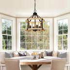 4-Light Farmhouse Chandelier, 12.5 Inch Rustic Black and Vintage Wood Finish Chandeliers for Dining Room Light Fixture, Adjustable Height Hanging Light for Kitchen Island, Entryway, Indoor