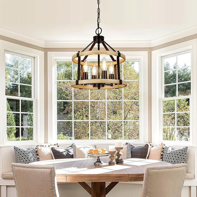 4-Light Farmhouse Chandelier, 12.5 Inch Rustic Black and Vintage Wood Finish Chandeliers for Dining Room Light Fixture, Adjustable Height Hanging Light for Kitchen Island, Entryway, Indoor