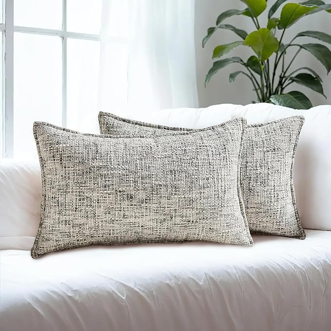 HAUSSY Black Throw Pillow Covers 12x20 Set of 2 Chenille Tweed Textured Decorative Couch Lumbar Pillow Covers Neutral Modern Pillow Cases for Sofa Bed Living Room Decor