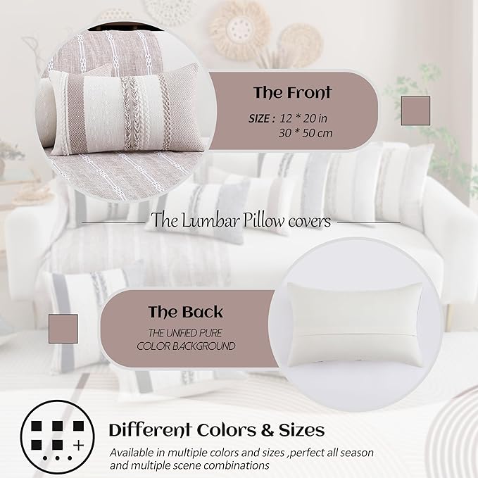 Boho Lumbar Pillow Covers Set of 2-12x20 Inch Khaki Accent Striped Decorative Farmhouse Coastal Long Boho Throw Pillows, Neutral Textured Pillowcases for Couch Bed, Sofa Home Decor