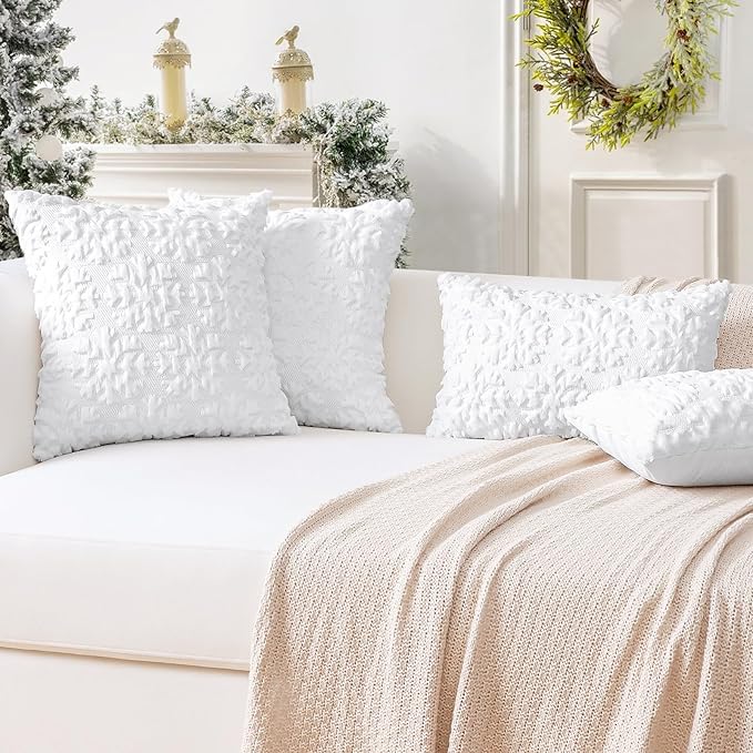OTOSTAR Set of 2 Xmas Soft Plush Short Wool Velvet Decorative Throw Pillow Covers Square Luxury Style Cushion Case Pillow Shell for Sofa Bedroom Snowflake White, 20x20 Inch
