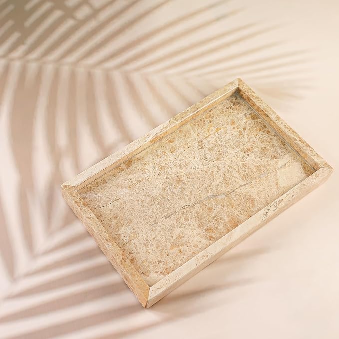 WORHE Italy Natural Marble Vanity Tray for Jewelry, Perfume, Makeup, Candle, Modern Decorative Trays for Bathroom Bedroom Dresser Rectangle Kitchen Storage Organizer for Home Decor Light Brown (WH038)