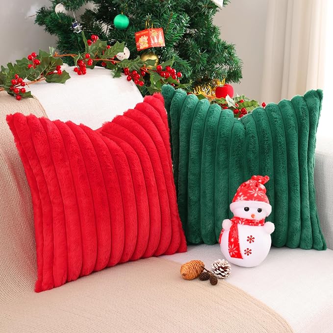 Pallene Faux Fur Plush Christmas Throw Pillow Covers 20x20 Set of 2, Luxury Soft Fluffy Striped Decorative Pillow Covers for Sofa, Couch, Living Room, Christmas Green