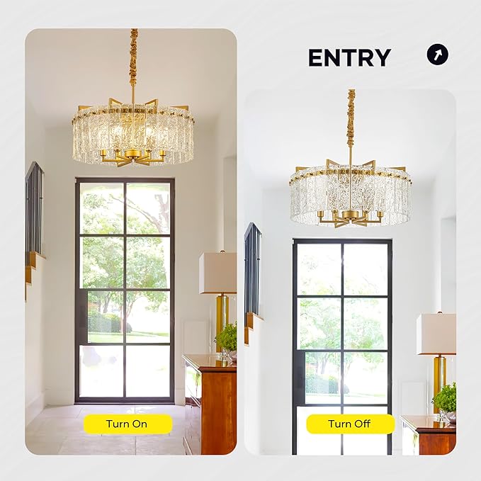 Gold Crystal Chandeliers for Dining Room 6-Light, 22” Modern Water Ripple Glass Light Fixture, Farmhouse Round Lighting for Kitchen Island, Bar Table