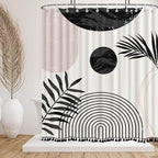 Boho Mid Century Leaf Shower Curtain Set,Arch Sun Design,Minimalistic Leaves Pattern,Waterproof and Luxurious Fabric-12 Hooks(Black and White-72" x 72")