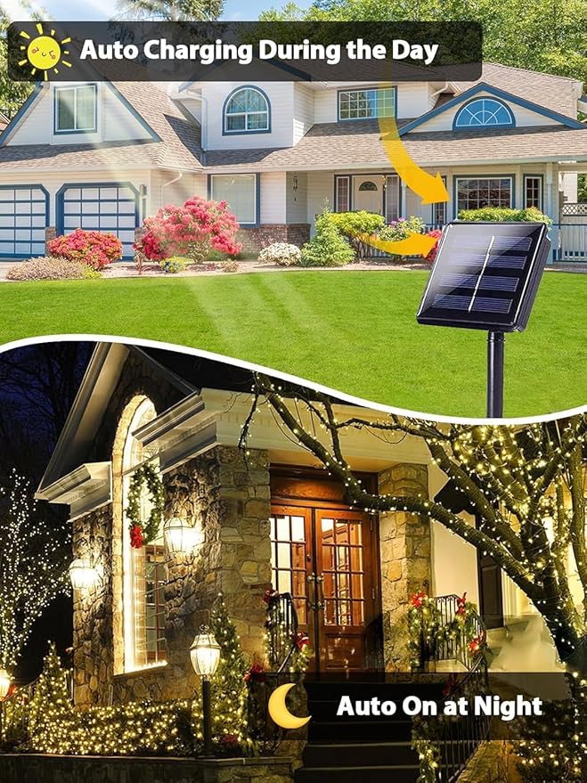 4 Pack Total 800 LED Solar Christmas Lights Outdoor, Solar String Lights for Outside with 8 Modes, Waterproof Green Wire Solar Powered Tree Light for Xmas Party Yard Garden Decorations (Warm White)