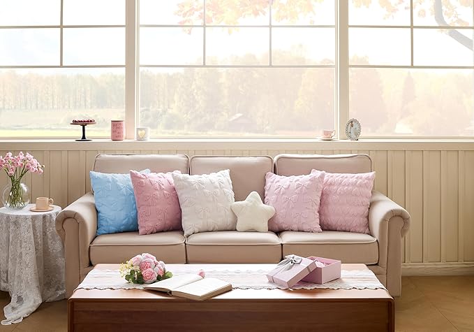 Pink Christmas Pillow Covers 18x18 Set of 2 Valentine Coquette Room Decor Cute Faux Fur Soft Aesthetic Bowknot Plush Preppy Fluffy Decorative Throw Cushion Case for Sofa Couch Bed Chair Living Room