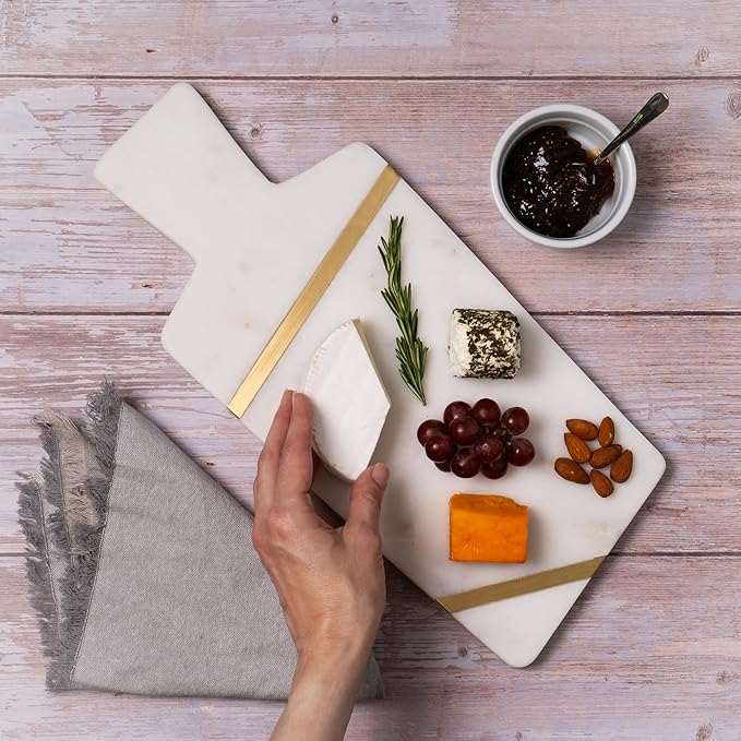 Cork & Mill Marble Cheese Board for Charcuterie, Large Decorative Stone Cutting Board, 15" Long Charcuterie Tray, Unique Gold and White Decorative Meat and Cheese Serving Tray with Handle
