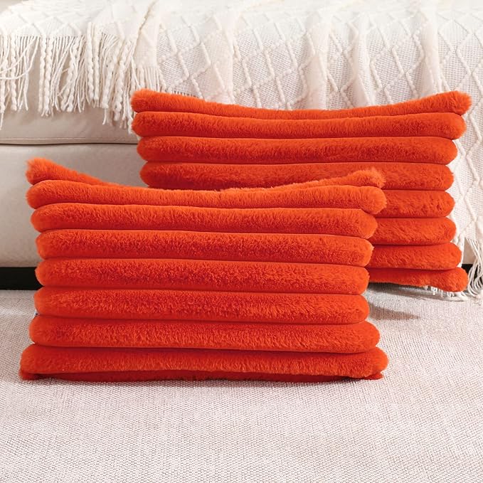 FUTEI Burnt Orange Striped Decorative Throw Pillow Covers 12x20 Inch Set of 2,Rectangle Winter Decorations Couch Lumbar Pillowcase,Soft Cozy Faux Rabbit Fur & Velvet Back,Modern Home Decor for Bed