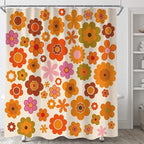 Retro Flowers Shower Curtain, Groovy Brown Orange Sun Flower Vintage 70s Fabric Shower Curtains Set for Bathroom Funky Hippie 1970 Boho Yellow Floral Decoration with Hooks 72 X 72 inch Bath Decor