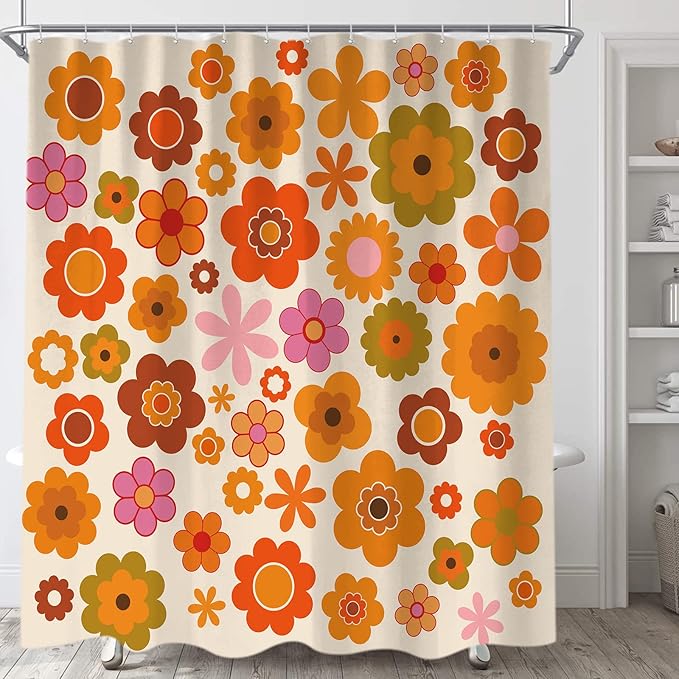 Retro Flowers Shower Curtain, Groovy Brown Orange Sun Flower Vintage 70s Fabric Shower Curtains Set for Bathroom Funky Hippie 1970 Boho Yellow Floral Decoration with Hooks 72 X 72 inch Bath Decor
