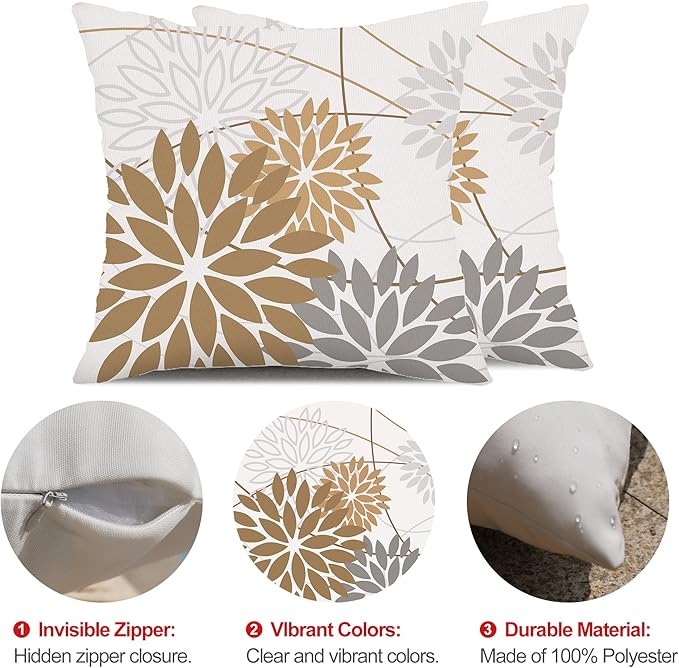 Brown Grey Outdoor Pillow Cover 20X20 Inch Set of 2 Outdoor Waterproof Summer Floral Brown Decorative Pillow case Decor for Couch Patio Funiture Garden Print Polyester Cushion Cover 01E20