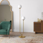 Henn&Hart 68.5'' Mid-Century Modern 2-Light Floor Lamp with White Milk Glass Globe Shade for Living Room, Bedroom, or Office, Brass