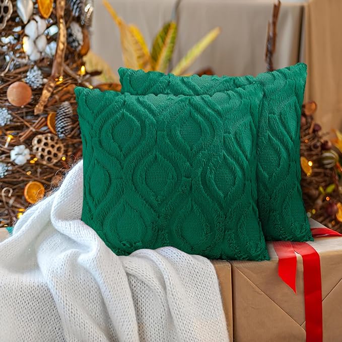 decorUhome Christmas Throw Pillow Covers 12x20 Inch Set of 2, Soft Plush Decorative Faux Fur Green Solid Couch Pillow Covers, Accent Farmhouse Neutral Lumbar Euro Pillow Cases for Sofa Bed Living Room