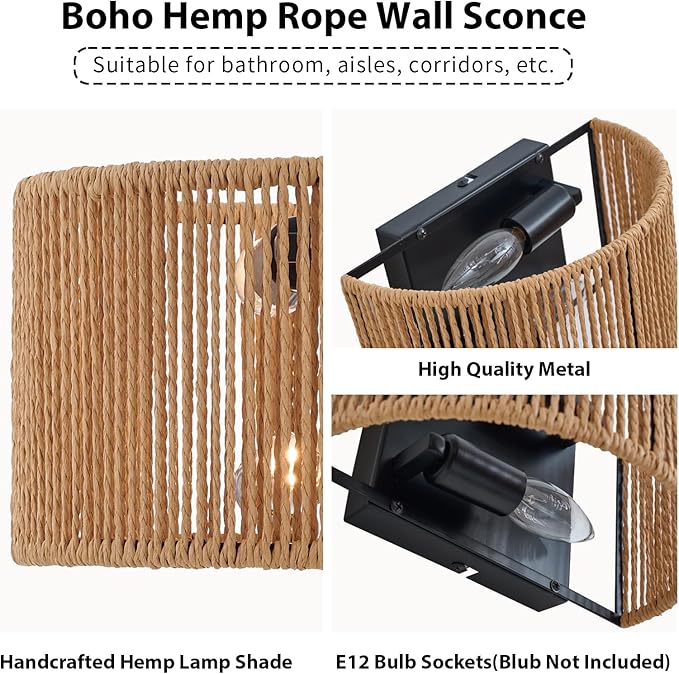 Rattan Boho Wall Sconce, Wall Hanging Lamps with Hand Woven Hemp Rope Shade , Farmhouse Rustic Wicker Black Wall Mount Vintage Sconces Light Fixture Indoor for Living Room Bedroom Bedside Stairway E26
