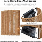 Rattan Boho Wall Sconce, Wall Hanging Lamps with Hand Woven Hemp Rope Shade , Farmhouse Rustic Wicker Black Wall Mount Vintage Sconces Light Fixture Indoor for Living Room Bedroom Bedside Stairway E26