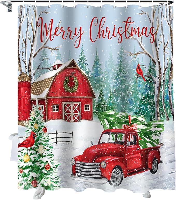 Vandarllin Red Truck Christmas Shower Curtain, Merry Christmas Farmhouse Shower Curtains Set with Hooks, Winter Xmas Tree Waterproof Fabric Bathroom Curtains Decor Home Accessories,72 X 72 Inch Long