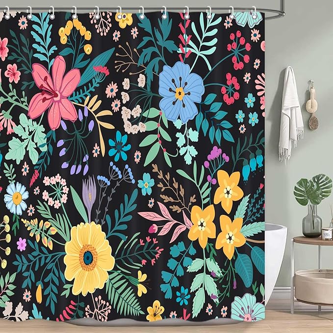 Boho Floral Shower Curtain, Colorful Flower Leaves Design for Bathroom Decor, Modern Rustic Country Wildflower Black Fabric Shower Curtains Set with Hooks, 72x72 Inches