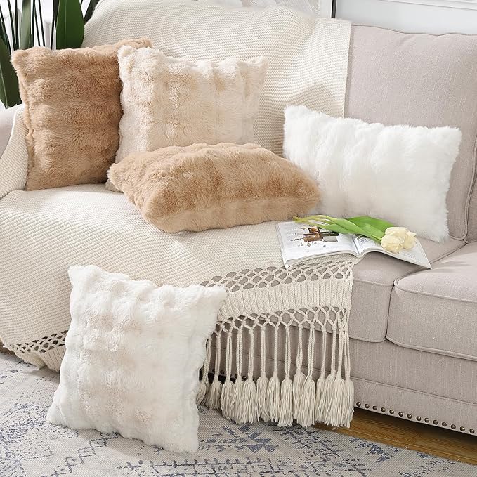 MADIZZ Pack of 2 Thick Plush Wool Throw Pillow Covers 24x24 Inch Cream Soft Neutral Decorative Throw Pillows Accent Boho Cushion Covers for Couch Sofa Bedroom Pillow Shell