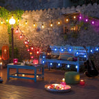 50FT RGB Solar Outdoor String Lights with Remote, Dimmable Waterproof Patio Lights with 15 LED Shatterproof Edison Bulbs for Backyard-Black
