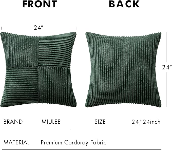 MIULEE Christmas Army Green Corduroy Pillow Covers Pack of 2 Boho Decorative Spliced Throw Pillow Covers Soft Solid Couch Pillowcases Cross Patchwork Cushion Covers for Living Room Bed Sofa 24x24 inch