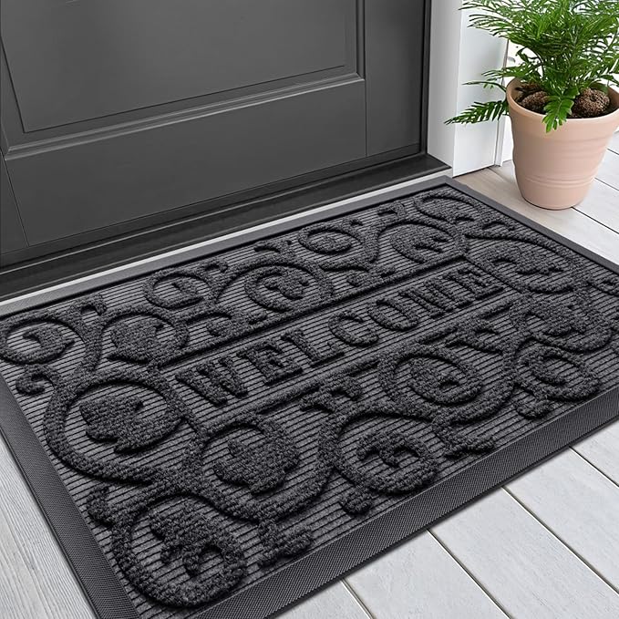 Smiry Welcome Door Mat Outside Entrance, Heavy Duty Trap Dirt and Moisture Easy Clean Low Profile Patio Porch Indoor Outdoor Front Doormat for Entry, 29.5x17 Inch, Grey/Welcome