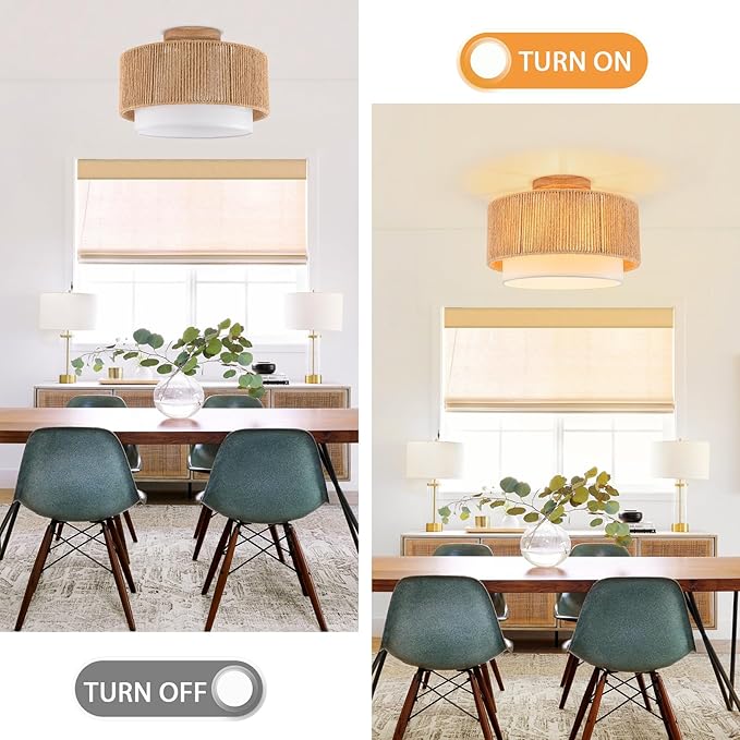 SineRise 12'' Rattan Flush Mount Ceiling Light Fixture,2-Tier Drum Hand-Woven Boho Flush Mount Ceiling Light,Farmhouse Light Fixture for Living Room,Kitchen,Bedroom Foyer Entryway ect.