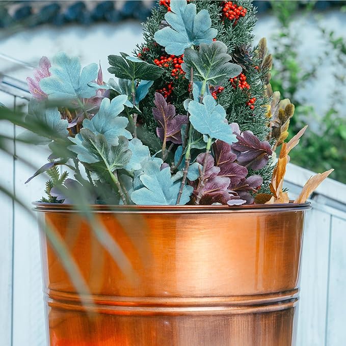 28in Tall Copper Planters Set of 2,Galvanized Steel Tall Outdoor Planter for porches/Indoor/terraces Patio- Copper Color(2planters,2inner pots with Holes, 2trays)