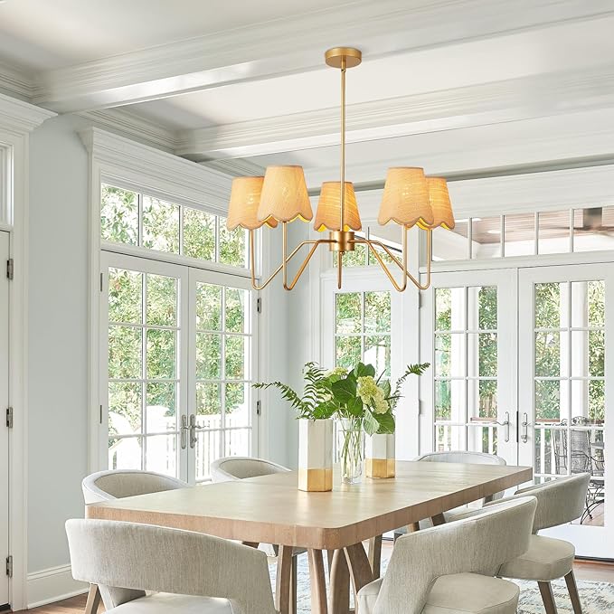 28" Rattan Chandelier, Large Modern Pendant Light Fixtures with Flower Shades Antique Brass Brush Paint Finish for Dining Room, Kitchen Island, Foyer, Living Room 5-Light
