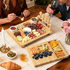 Bamboo Cheese Board Set - Charcuterie Boards and Serving Meat Platter, Cheese Tray with 4 Stainless Steel, 1 Drawers, Cheese Knives Cutting Board Platter, Ideal for Halloween, Wedding