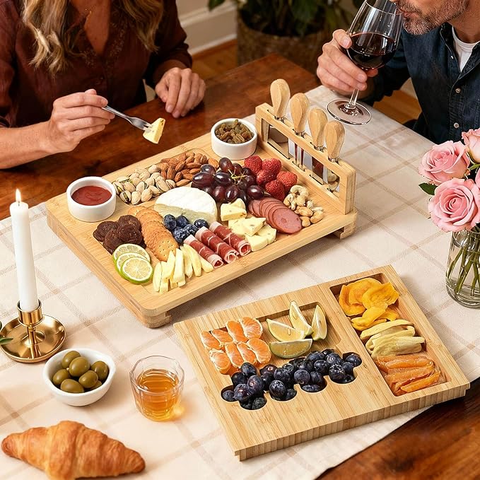 Bamboo Cheese Board Set - Charcuterie Boards and Serving Meat Platter, Cheese Tray with 4 Stainless Steel, 1 Drawers, Cheese Knives Cutting Board Platter, Ideal for Halloween, Wedding