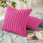 decorUhome Faux Fur Throw Pillow Covers 18x18 Set of 2, Decorative Soft Plush Striped Neutral Couch Euro Pillow Covers with Velvet Back for Sofa, Bed, Living Room Home Decor, Hot Pink