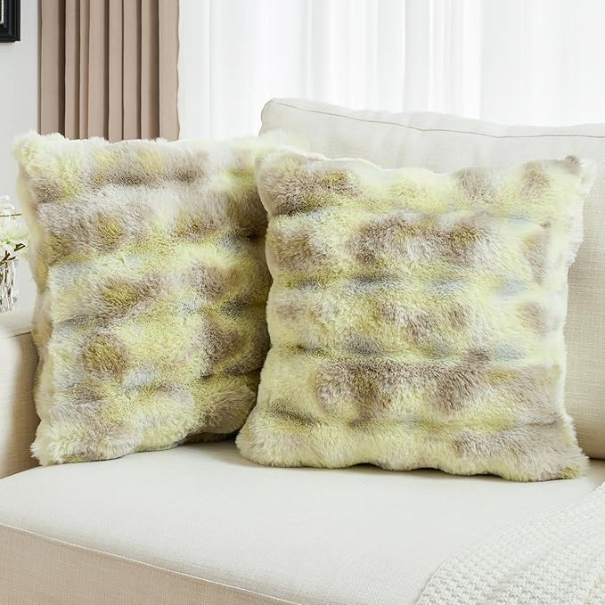 FUTEI Green White Decorative Throw Pillow Covers 16x16 Inch Set of 2,Soft Fuzzy Faux Rabbit Fur Cushion Covers with Raised Texture,Neutral Boho Home Decor for Couch Bed Living Room