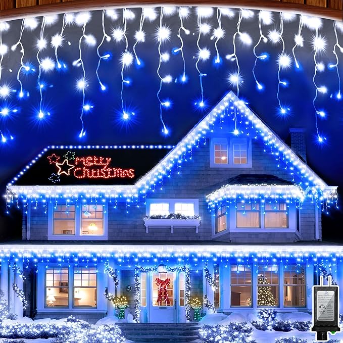 82ft 792 LED 176 Drops Christmas Lights, Outdoor Hanging lights 8 Modes and Timer Memory, Outside Waterproof Curtain String Lights for House Fence Tree Holiday Party Decorations (Blue & White)