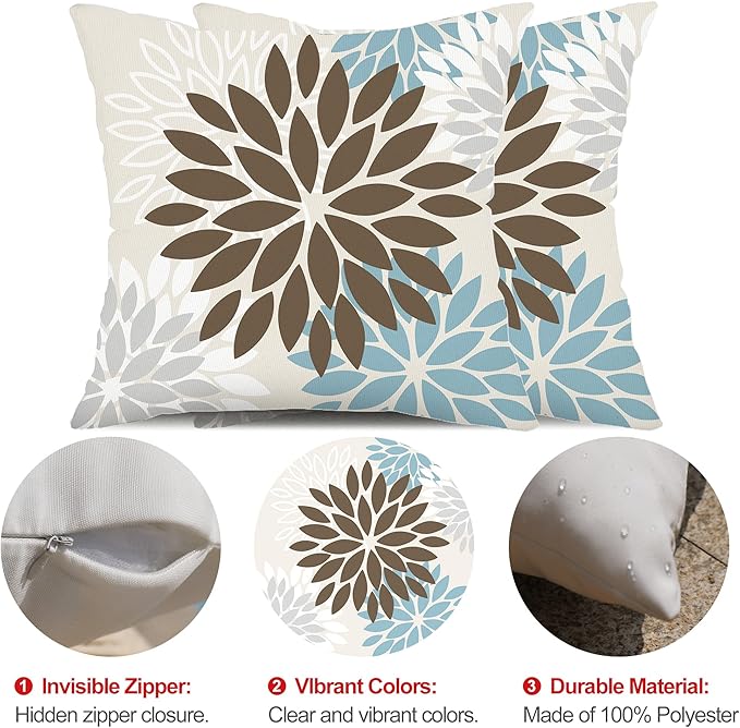 DFXSZ Brown Blue Flower Pillow Covers 20x20 Inch Set of 2 Summer Outdoor Waterproof Decor for Home Patio Funiture Garden Living Room Cushion Cover 002F20