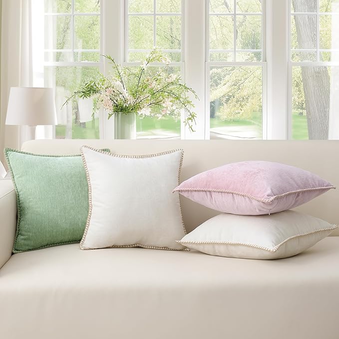 decorUhome Chenille Soft Throw Pillow Covers 20x20 Set of 2, Farmhouse Velvet Neutral Decorative Euro Pillow Covers with Stitched Edge for Couch Sofa Bed Home Decor, Blush Pink